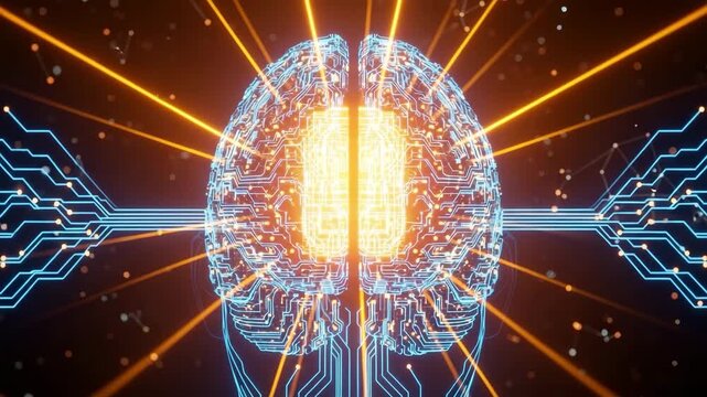 Brain's Network Connection: A dazzling depiction of a human brain interconnected with a network of glowing pathways, radiating energy and representing the fusion of intellect and technology. 