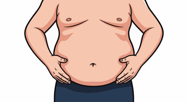 A cartoon illustration shows a bare torso with plump abdomen and hands resting on hips