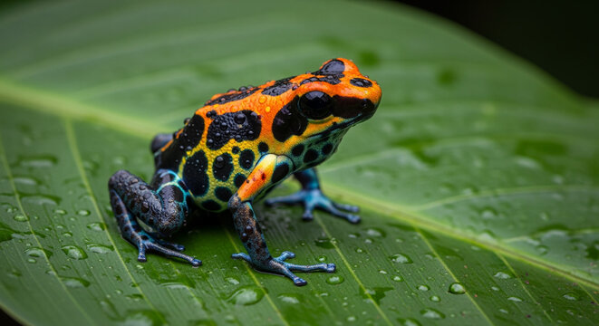Macro wildlife photograph of a brightly colored poison dart frog (Dendrobatidae) with orange and black patterns sitting on a wet green leaf