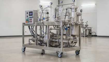 Obraz premium Medium shot of a skidmounted pilotscale pigment reactor setup focusing on mobility and integrated control systems for flexible pigment testing applications.