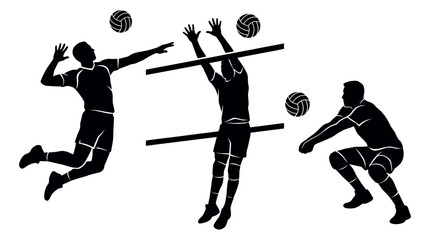 Fototapeta premium Collection of black silhouettes depicting volleyball players jumping for spike and blocking at the net, concept for manager leadership, executive teamwork and office worker motivation