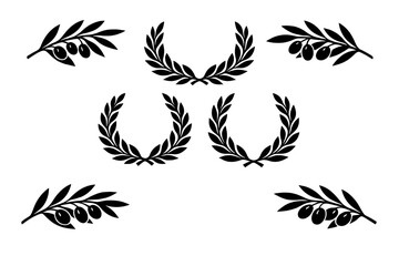 Fototapeta premium Black Silhouette Set of Olive Branches and Laurel Wreaths for Peace and Victory Symbols. Simple Flat Vector Illustration of Mediterranean Foliage, Ancient Greek and Roman Achievement Icons.
