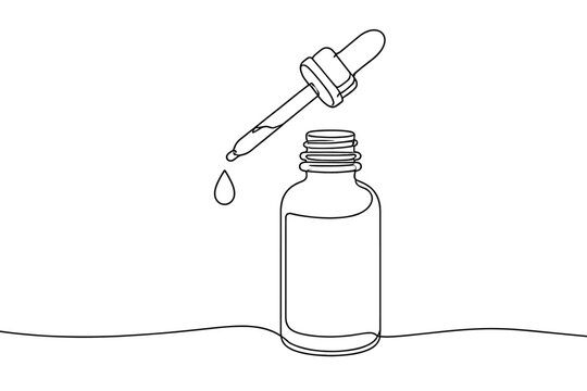 Minimalist continuous line drawing of a cosmetic or pharmaceutical dropper bottle with a pipette and a liquid drop, ideal for skincare branding, essential oil packaging, and medical design art.