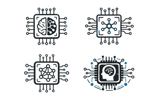Artificial Intelligence AI Icon Set featuring Microchip Circuit Designs with Brain, Neural Network, and Machine Learning Concepts in Modern Line Style for Technology and Innovation Projects.