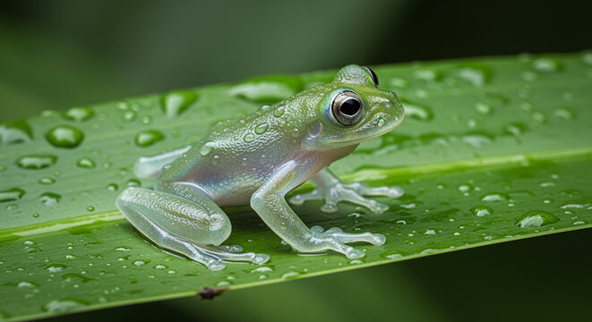 Ultra realistic macro photograph of a transparent glass frog (Centrolenidae) sitting on a wet green leaf with visible internal anatomy and water droplets