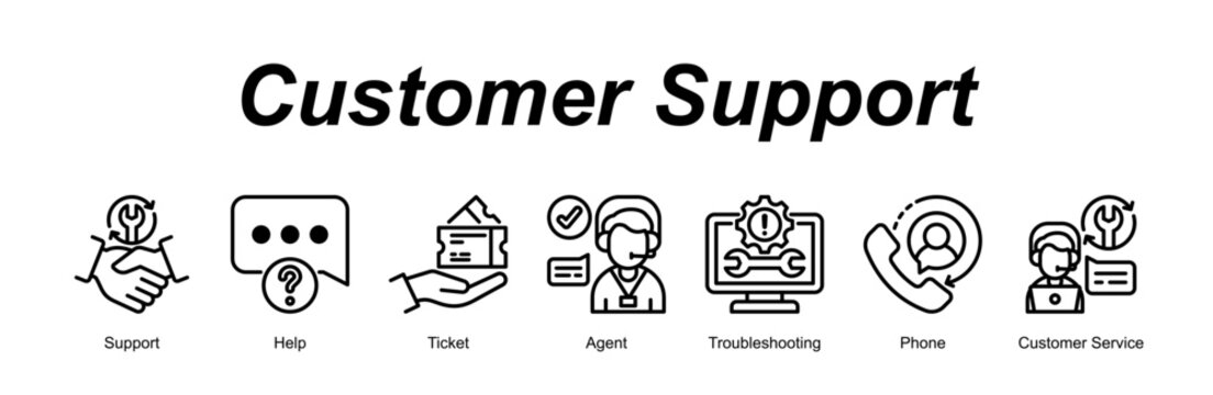 Customer Support banner web icon vector illustration concept with an icon of Support, Help, Ticket, Agent, Troubleshooting, Phone, Customer Service 