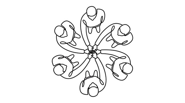 Continuous line drawing of corporate managers joining hands in a circular huddle seen from top view, concept for team building, project collaboration and business partnership