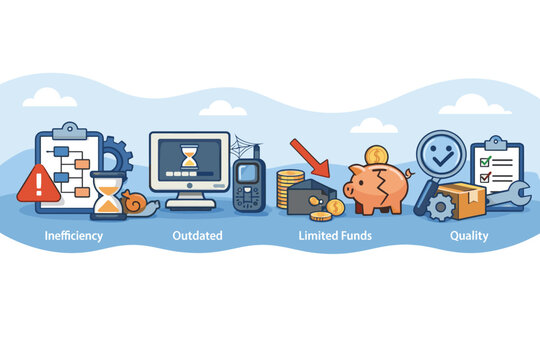 Operational Risks Web Banner Concept with Icons for Inefficiency, Outdated Technology, Limited Funds, and Quality Control. Vector Illustration for Business Management and Process Optimization.