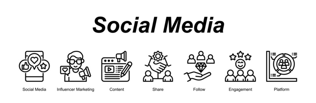 Social Media banner web icon vector illustration concept with an icon of Social Media, Influencer Marketing, Content, Share, Follow, Engagement, Platform 