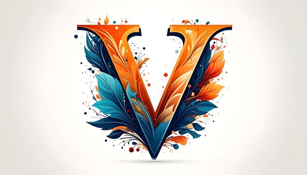 A vibrant letter "V" is crafted, featuring intricate leaf and feather designs in vivid orange and blue hues against a white backdrop