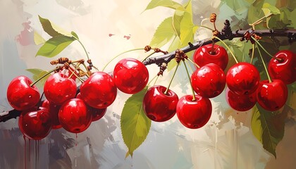 A vibrant, close-up painting of a cherry branch laden with ripe, ruby-red fruit and green leaves against a soft, blurred background