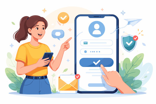 Young Woman Registering on Mobile App Interface with Login Form and Security Icons, Flat Vector Illustration of User Authentication, Account Creation, and Digital Communication Concept