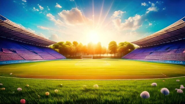 A sunny football stadium with bright sky, lush grass, rows of seats, and trees