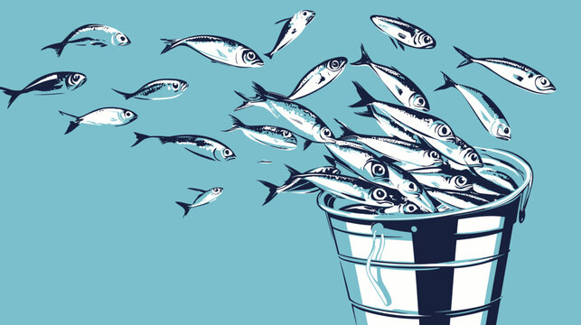 Illustration of sardines escaping from a bucket against a teal background