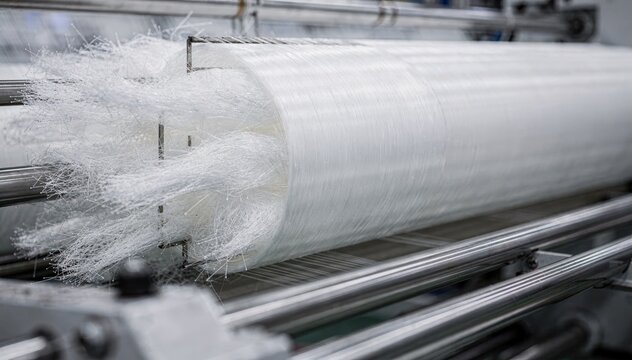 Dynamic medium shot of staple tow fibers being spun into continuous strands showcasing the layering technique and mechanical tension during the synthetic precursor manufacturing.