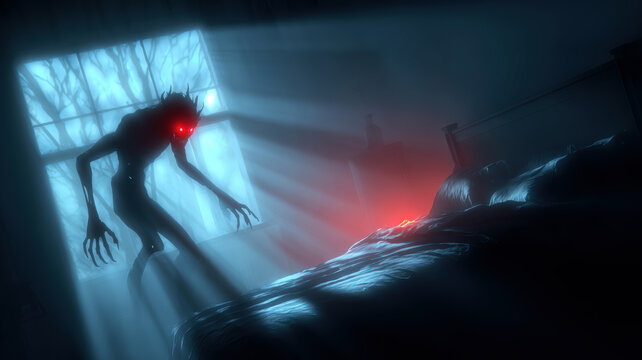 Frightful figure in the bedroom - nightmare, sleep paralysis concept