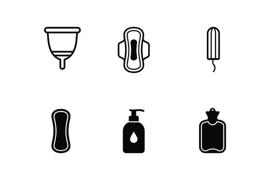 Feminine Hygiene and Menstruation Products Black Icons Set - Women Health Care Sanitary Pad and Tampon Vector Icon Pack