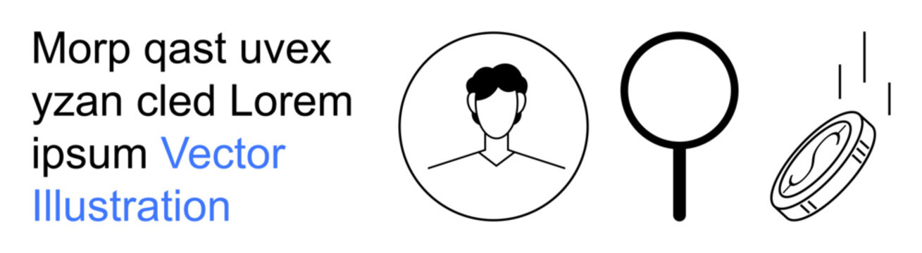 Identity verification, financial analysis, user authentication, online trends, search optimization, digital currency. Minimal line icons of a person, magnifying glass and falling coin. Identity