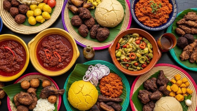 African cuisine spread on dark table with banana leaves