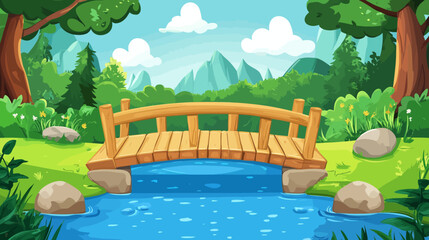 Fototapeta premium A cartoon scene, a wooden bridge arches over a serene blue stream. Mountains and trees in the background