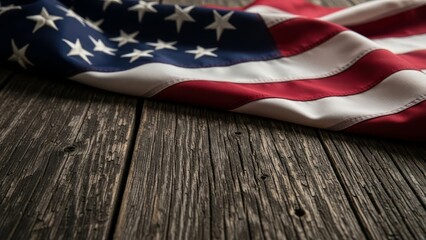 Obraz premium Waving USA flag draped over aged rustic wooden planks, copy space.