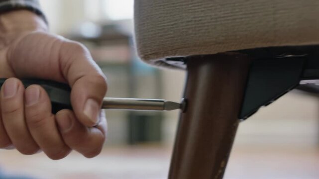 Aligning tip, tightening hands turning Phillips driver in plaid sleeve at home, securing leg screw
