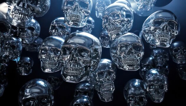 Eerie Chrome Skulls Floating in Darkness - A Haunting Visual.