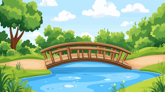 A cartoon illustration shows a wooden bridge over a river surrounded by lush greenery and a blue sky