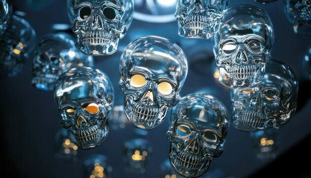 Eerie Display of Chrome Skulls with Glowing Eyes.