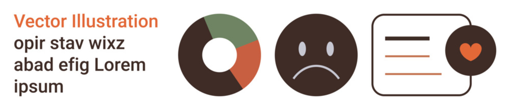 Data visualization, emotion analysis, customer feedback, user experience, communication tools, decisions. Pie chart, frowning face text with heart icon. Data visualization and emotion analysis