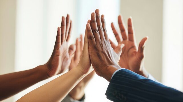 Diverse group of people giving a high five in celebration