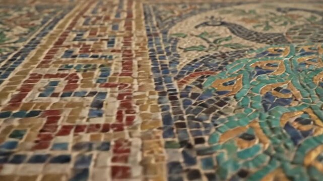 Intricate Mosaic Peacock Art with Geometric Patterns, Close-up Detail