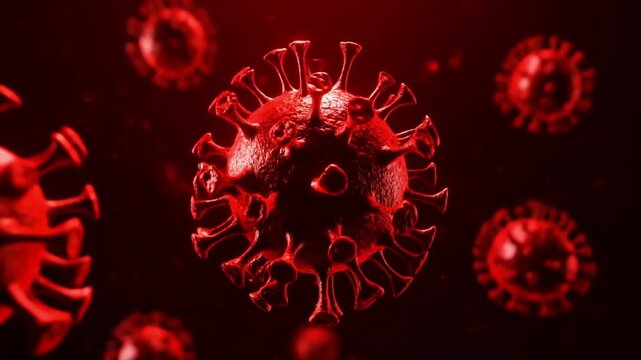 A striking close-up of a glowing red virus particle with detailed spikes floating in a dark space surrounded by similar particles creating an intense biological microscopic scene.