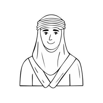 Smiling man wearing traditional Arab headscarf and clothing line drawing