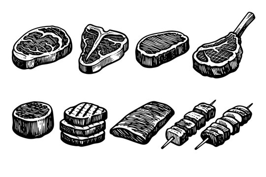 Vintage Hand Drawn Meat Cuts Vector Illustration Set Featuring Ribeye T-Bone Fillet Mignon Lamb Chop Ribs and Kebabs in Engraving Style for Butcher Shop Menu Barbecue and Grill Restaurant Design