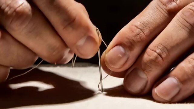 Hands sewing threading needle pricking fabric looping thread fixing stitch under lamp dark shadows