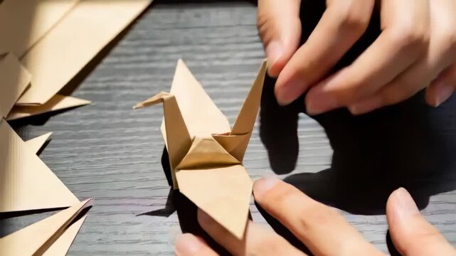 Reaching right hand pinching and tucking flap on wood table, finishing brown crane, cranes at left