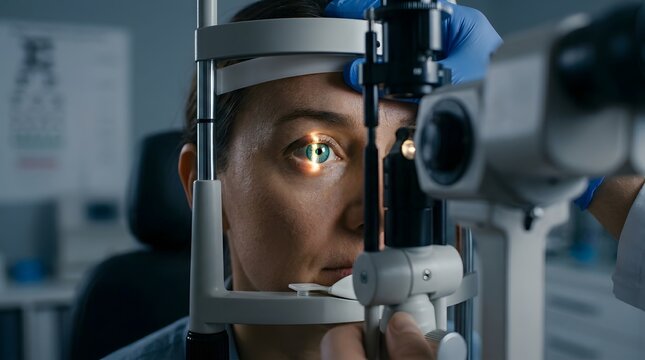 Ophthalmologist performing detailed eye exam with slit lamp, patient vision testing in clinic, medical diagnosis ophthalmology healthcare treatment professional care