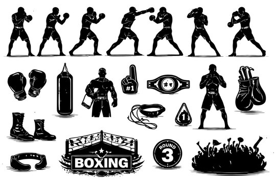 Silhouette boxing poses and equipment set with ring illustration.