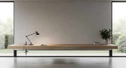 Obraz premium Minimalist home office setup with a sleek wooden desk, modern lamp, and green plant against a large window with natural light and garden view