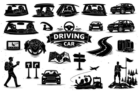 Silhouetted driving scenes with cars, travelers, and maps.