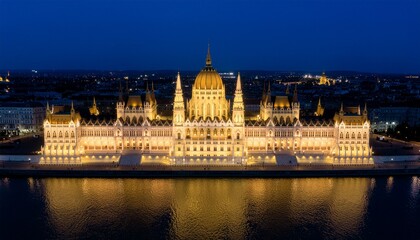 Fototapeta premium The Hungarian Parliament Building illuminated at night reflects on the Danube River water