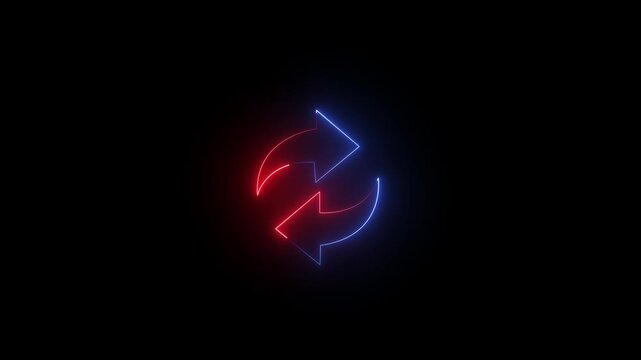 Abstract glowing Neon line refresh and recycle arrow icon animation on black background. Neon line arrow animation 