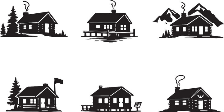 Wilderness Cabins Silhouette Set Forest Lake Mountain Off Grid Hunter Ranger Cabin Houses Vector