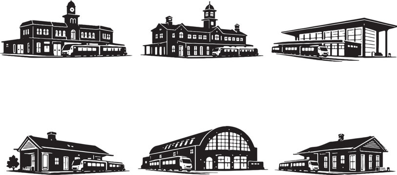 Train Station Buildings Silhouette Set, Railway Station, Transit Terminal, Rail Architecture Vector Collection