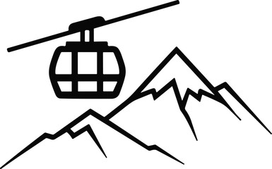 Black and white cable car gondola silhouette over jagged mountain peaks, alpine ski lift outdoor recreation transport design © Rebeka