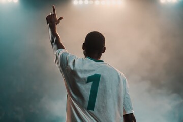 Obraz premium Athlete raising hand in foggy stadium with spotlights