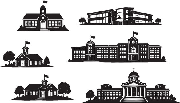 School Buildings Silhouette Set, Elementary School, High School, University Hall, Campus Architecture Vector Collection