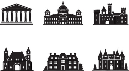 Historic landmark building silhouettes set castle palace temple manor black silhouette architecture isolated on white © Pham