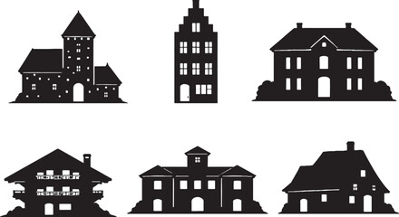 Naklejka premium Historic European Houses Silhouette Set, Medieval Dutch French Bavarian Italian Village Architecture Icons
